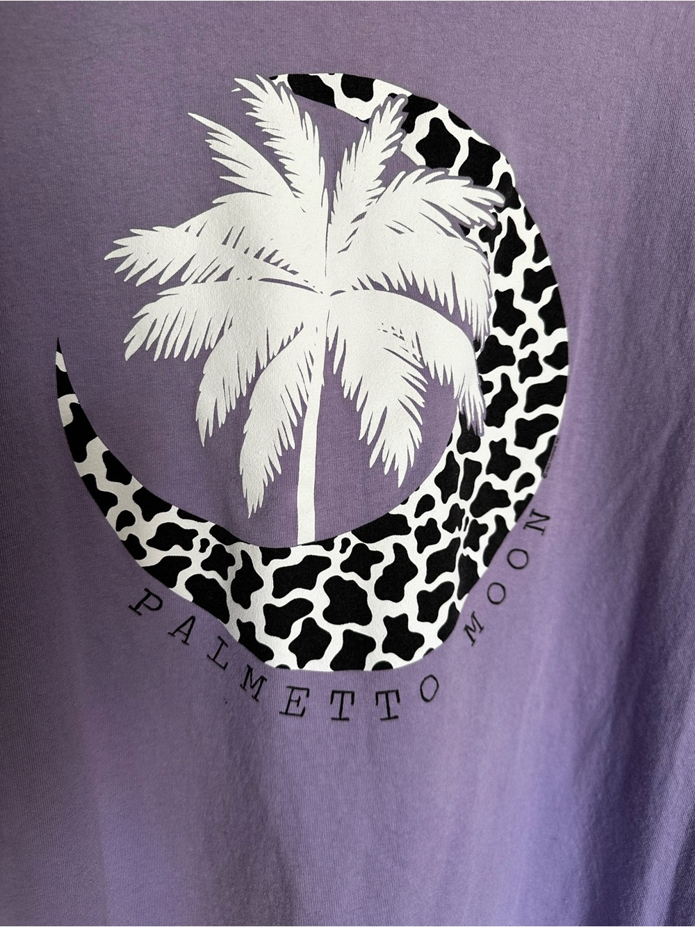 Palmetto Moon Women's Purple Short Sleeve Graphic Tee palm tree animal print - Picture 2 of 4